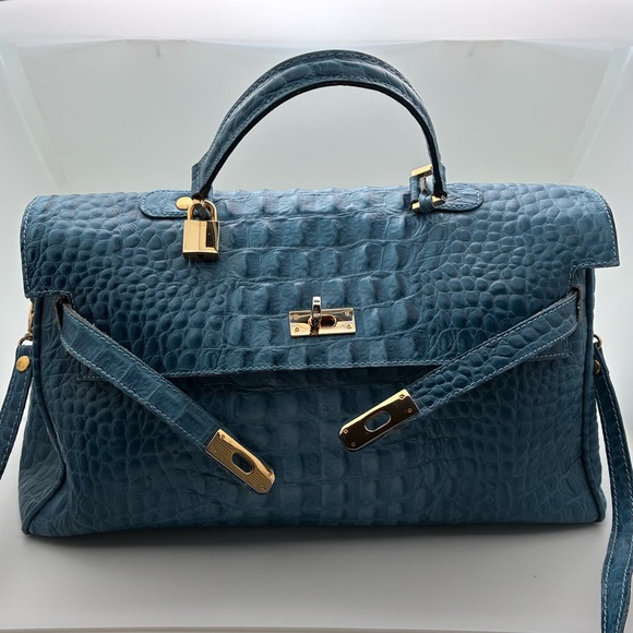Handbags - Elegant Blue Crocodile Embossed Leather Birkin Style Handbag Tote